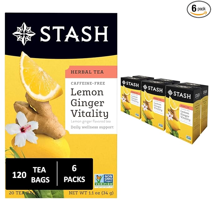 Stash Tea Lemon Ginger Vitality Herbal Tea - Naturally Caffeine Free, Non-GMO Project Verified Premium Tea with No Artificial Ingredients, 20 Count (Pack of 6) - 120 Bags Total