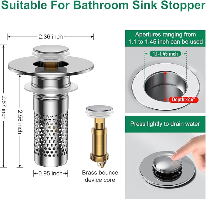 Bathroom Sink Drain Strainer,Universal Pop-Up Sink Stopper Hair Catcher, Anti-Clog Stainless Steel Drain Filter Basket, Removable Sink Drain for Bathroom Sink Stopper Replacement