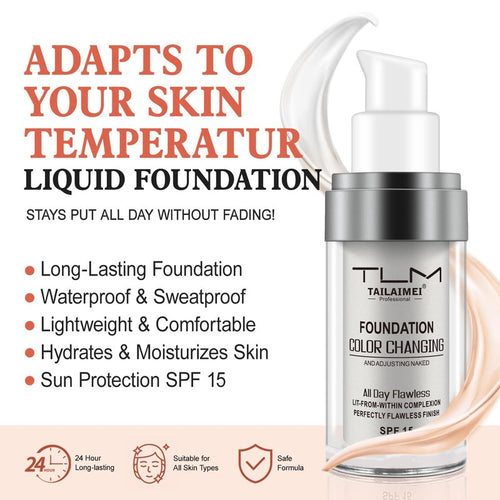 2PCS Flawless Colour Changing Warm Skin Tone Foundation, Naturally Blends Moisturizing foundation makeup, Long Lasting Waterproof Lightweight Liquid Foundation SPF 15 for Face Makeup