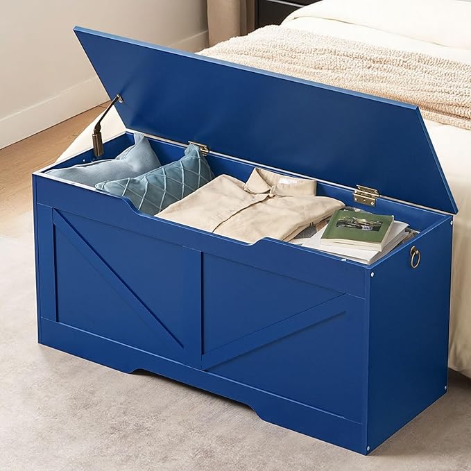 HOOBRO Storage Bench, 39.4" Retro Wooden Storage Chest with U-Shaped Cut-Out Pull, Safety Hinge, Supports 220 lb and Easy Assembly for Toy Box Organizer (Blue) BU771CW01