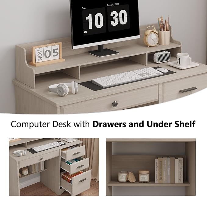 4 EVER WINNER Small Desk with Drawers, Computer Desk with File Cabinet & Monitor Stand, Home Office Desks with Drawers, Wood Writing Desk for Bedroom, Off White