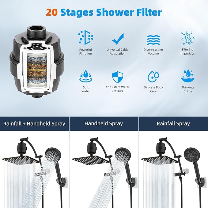 Hibbent All Metal 10'' Dual Filtered Rainfall Shower Head Combo, High Pressure Handheld Shower Head, 16'' Adjustable Arc Extension Arm, 20 Stage Shower Filter, 10-spray, 71'' Hose, Oil Rubbed Bronze
