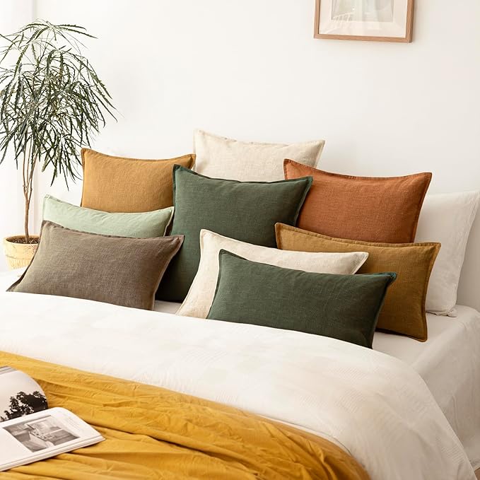 Foindtower Pack of 2, Decorative Linen Solid Throw Pillow Covers Soft Accent Cushion Case Farmhouse Neutral Pillowcase for Chair Couch Sofa Bedroom Living Room Home Decor 26 x 26 Inch Dark Olive Green