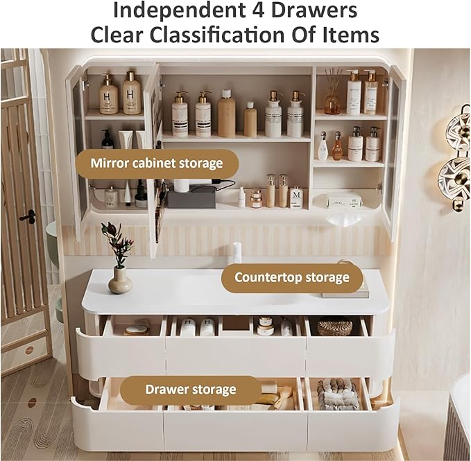 52IN Bathroom Vanity - Bathroom Vanity with Sink with Intelligent Induction Light | Wall-Mounted Bathroom Vanity with Intelligent LED Mirror Cabinet & 6 Drawers, Cream Color
