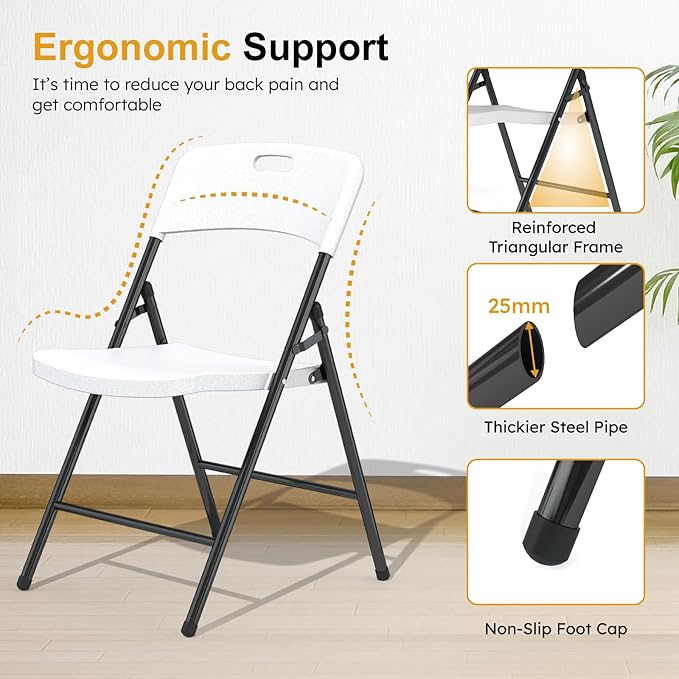 4 Pack White Folding Chairs, 700lbs Capacity Heavy Duty Folding Chair with Reinfoced Steel Frame for Indoor/Outdoor Use, Plastic Foldable Chairs for Party, Patio, Meeting, Wedding and School