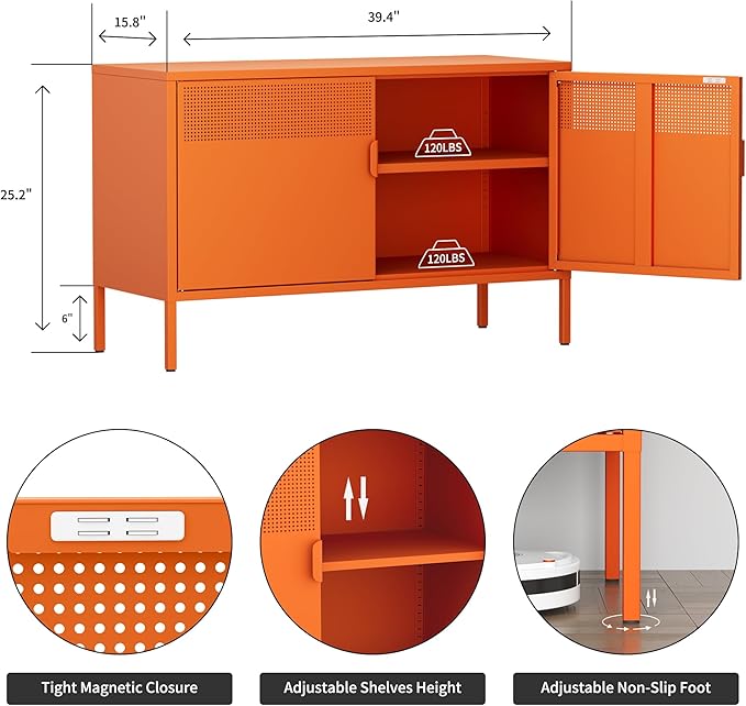 Orange Wide Metal Locker Storage Cabinet, 2 Door Metal Accent Cabinet for Home and Office, 2 Tier Low Metal Cabinet with Doors and Shelf, Multipurpose Metal Tv Stand Cabinet