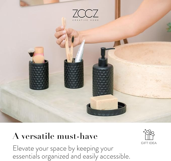 ZCCZ Bathroom Accessories Set 5 Pcs - Soap Dispenser, Toilet Brush, Toothbrush Holder, Tumbler, Soap Dish - Vintage Decor for Countertop Vanity Organizer, Black Bathroom Accessory Collection