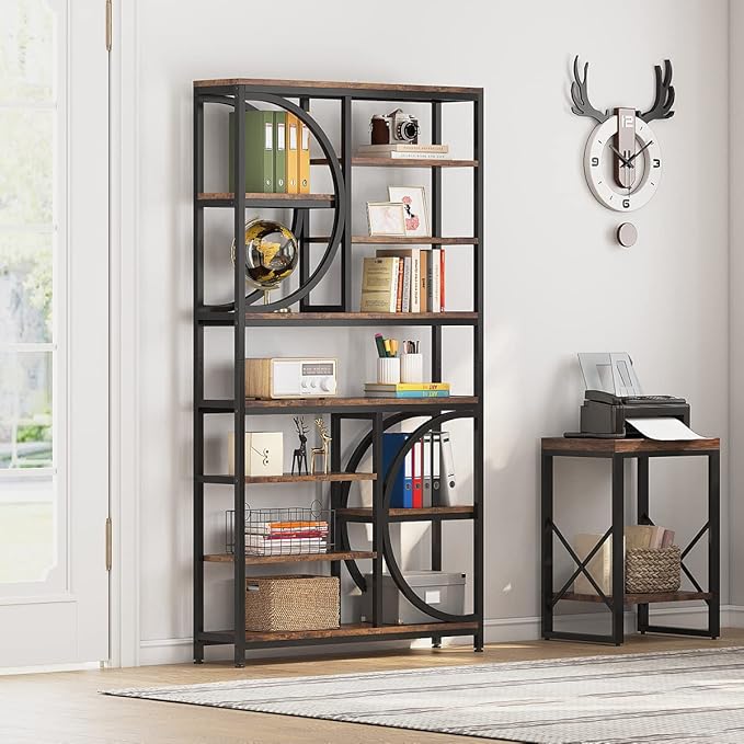 Tribesigns Bookshelf, Industrial 8-Tier Etagere Bookcases, 77-Inch Tall Book Shelf Open Display Shelves, Wood Look Accent Shelving Unit with Metal Frame for Home Office (1, Brown/Black)