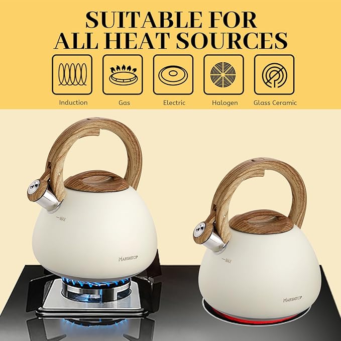 MARSKITOP Tea Kettle, 2.6 Quart Tea Pot for Stove, Food Grade Stainless Steel Whistling Teapot for Stovetop with Anti-Hot Handle, Suitable for All Heat Sources, Cream White