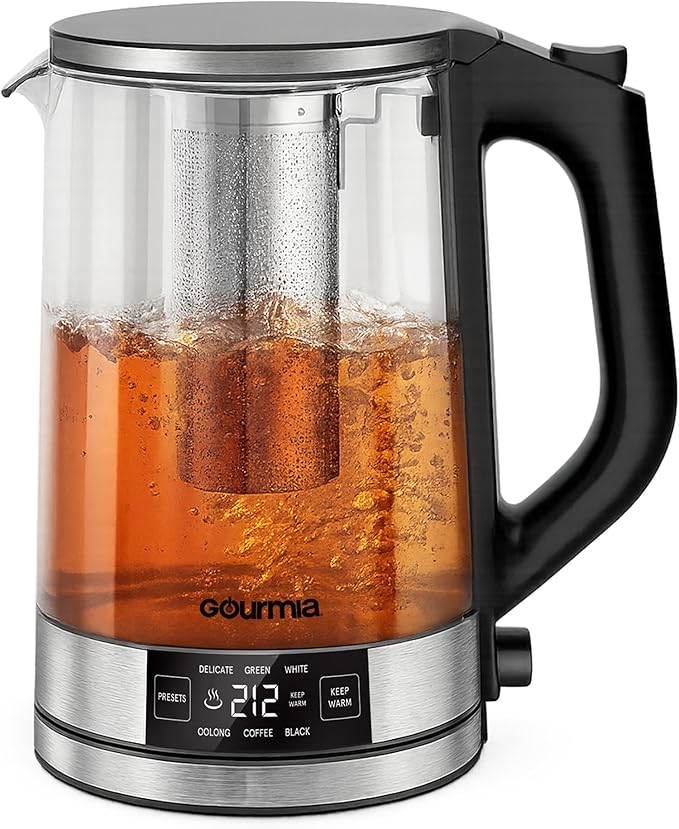 Gourmia Programmable Digital Glass Kettle – 1.7L Adjustable Temperature Electric Kettle with 6 Presets, Keep Warm, Stainless Steel Tea Infuser, 360° Swivel Base, Black