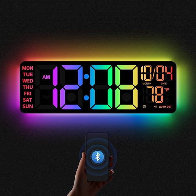 16" Digital Wall Clock with Night Light, Digital Clock with RGB Colors Changing Remote Control, Dual Alarm, Dimmer, Auto DST, Voice Control, Auto Time Sync, Clocks for Living Room, Gift for Elderly
