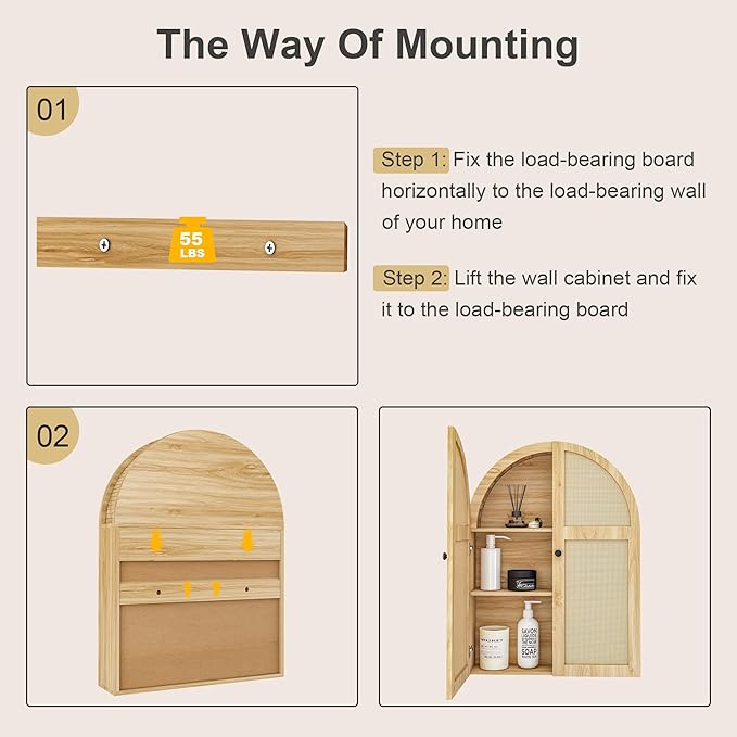 Turtle Myrtle Bathroom Medicine Cabinet Wall Mounted, Arched Wall Cabinet with Adjustable Shelf & Doors, Floating Cabinet for Wall Over The Toilet Storage Cabinet Space Saver,Natural
