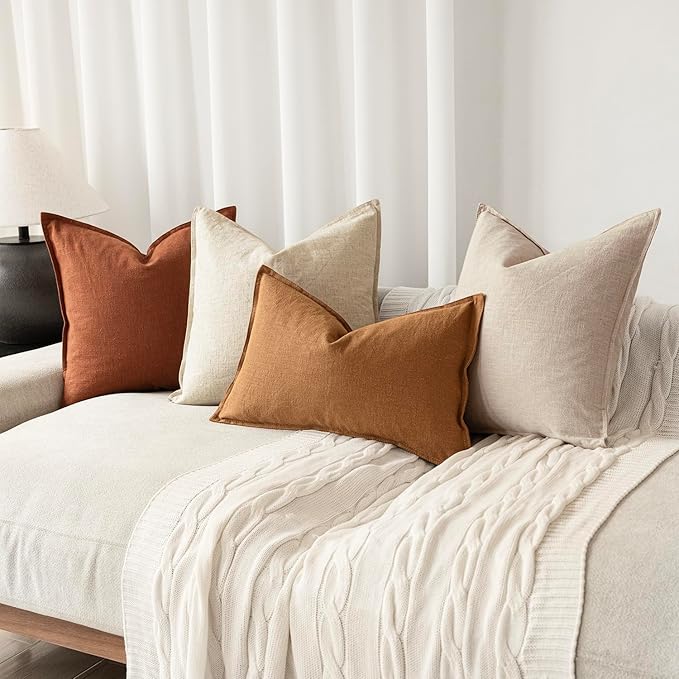Foindtower Pack of 2, Decorative Linen Soild Throw Pillow Covers Soft Accent Cushion Case Farmhouse Neutral Pillowcase for Chair Couch Sofa Bedroom Living Room Home Decor 16 x 16 Inch Fall Rust Orange