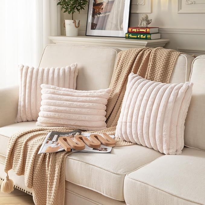 DEELAND Pack of 2,Double-Sided Faux Fur Plush Decorative Throw Pillow Covers Fuzzy Striped Soft Pillowcase Cushion Covers for Sofa Couch Bedroom Beige 16x16 inch