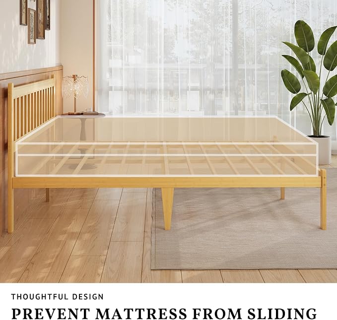 Askeld Wood Full Bed Frame with Headboard, 14 Inch High Solid Bamboo Platform Bed No Box Spring Needed, Mid-Century Heavy Duty Bedframe, Easy Assembly, Noise Free