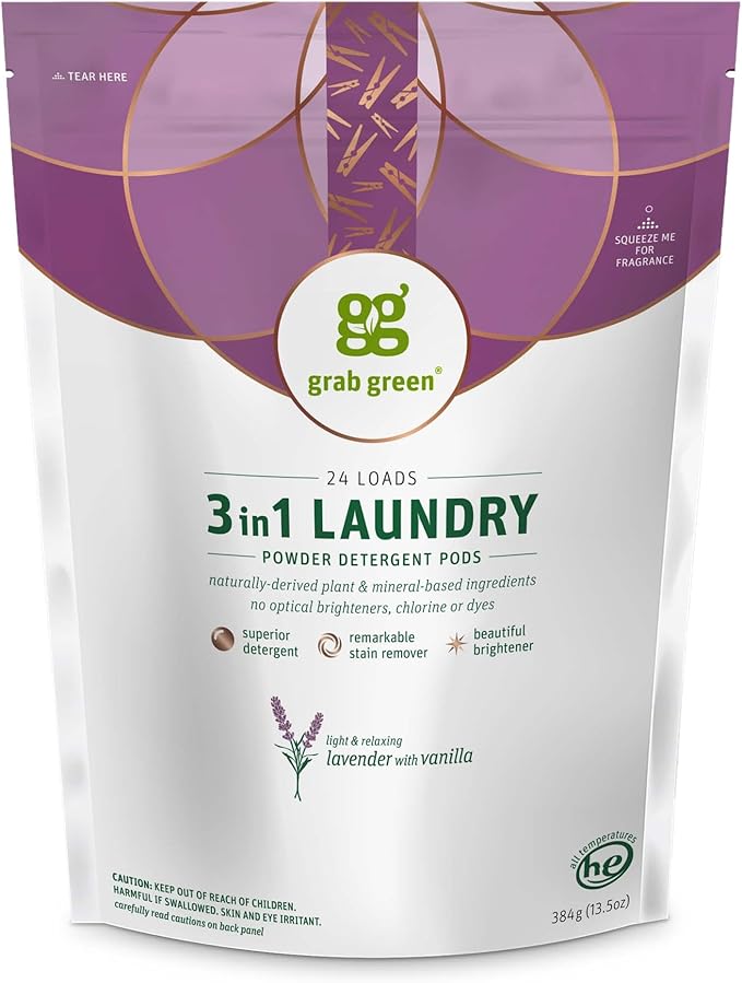 Grab Green 3-in-1 Laundry Detergent Pods, 24 Count, Lavender Vanilla Scent, Plant and Mineral Based, Superior Cleaning Power, Stain Remover, Brightens Clothes