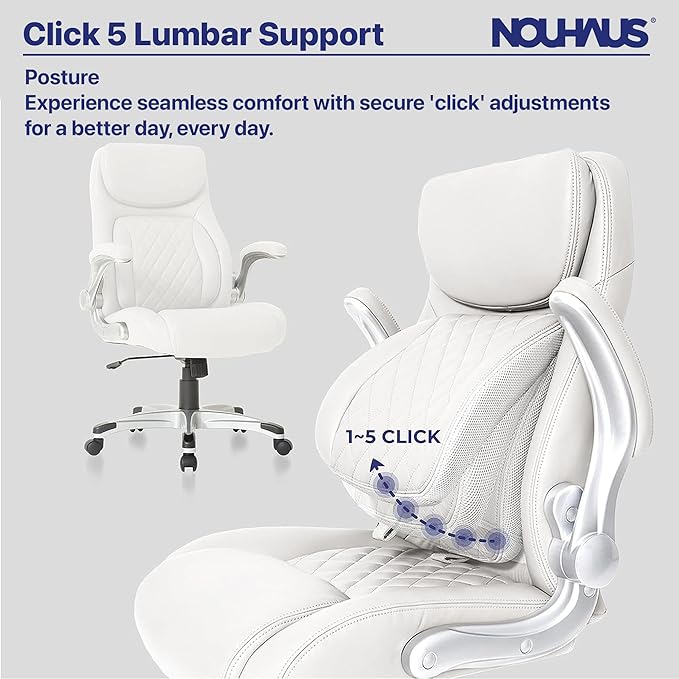 Nouhaus +Posture Ergonomic PU Leather Office Chair. Click5 Lumbar Support with FlipAdjust Armrests. Modern Executive Chair and Computer Desk Chair (White)