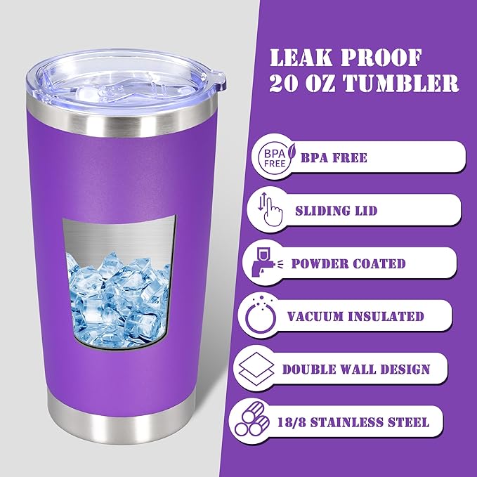 20 oz Tumbler with lid Double Wall Vacuum Insulated Tumblers Stainless Steel Coffee Mug Travel Coffee Tumbler Powder Coated Tumbler Cup Keep Hot&Cold - (PurPle 12 Pack)