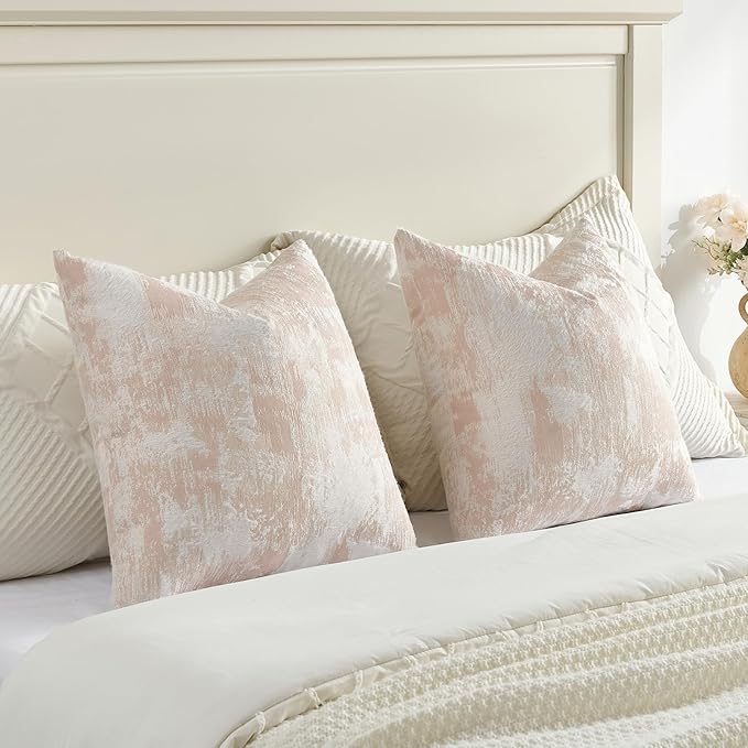 FUTEI Pink White Decorative Throw Pillow Covers 18x18 Inch Set of 2,Soft Faux Cashmere Jacquard - Textured & Cozy Cushion Case,Modern Home Decor for Couch Bed Living Room