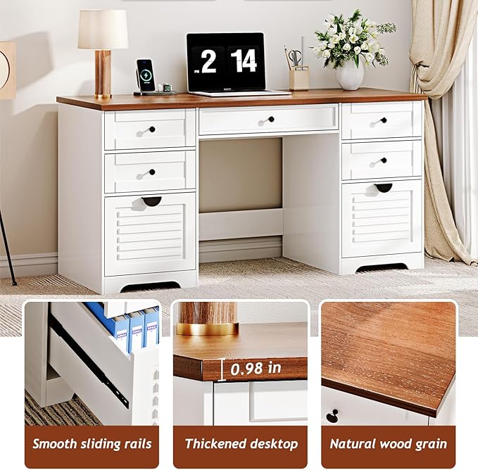 59" Home Office Desks, Executive Desk, Farmhouse Computer Desk with 7 Drawers and Charging Station, File Drawer, Rustic Computer Writing Desk,Antique Cream