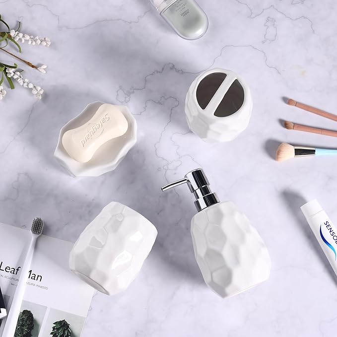 Ceramic Bathroom Accessories Set 4 PCS,Bathroom Toothbrush Holder Set,Soap and Toothbrush Holder Set,Include Toothbrush Holder,Soap Dispenser,Tumbler,Soap Dish,Bathroom Sets Decor Organizer (White)