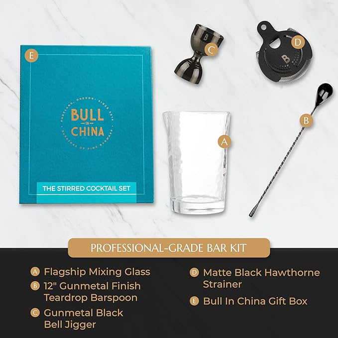 4 Piece Cocktail Kit by Bull In China - Premium Bartender Gift Set Includes Flagship Mixing Glass, 12 inch Barspoon, Bell Jigger & Hawthorne Strainer For Professional & Home Bars (Gunmetal Black)