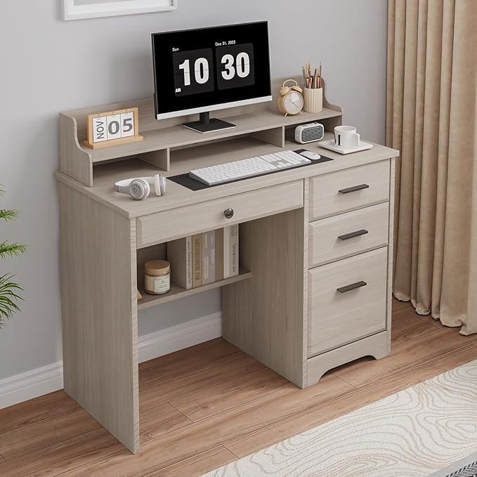 4 EVER WINNER Small Desk with Drawers, Computer Desk with File Cabinet & Monitor Stand, Home Office Desks with Drawers, Wood Writing Desk for Bedroom, Off White