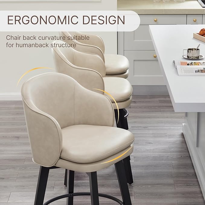 Counter Height Barstools 26 inch Upholstered Swivel Bar Stools with Back and Wood Legs for Kitchen Island,Set of 2,Beige PU Leather