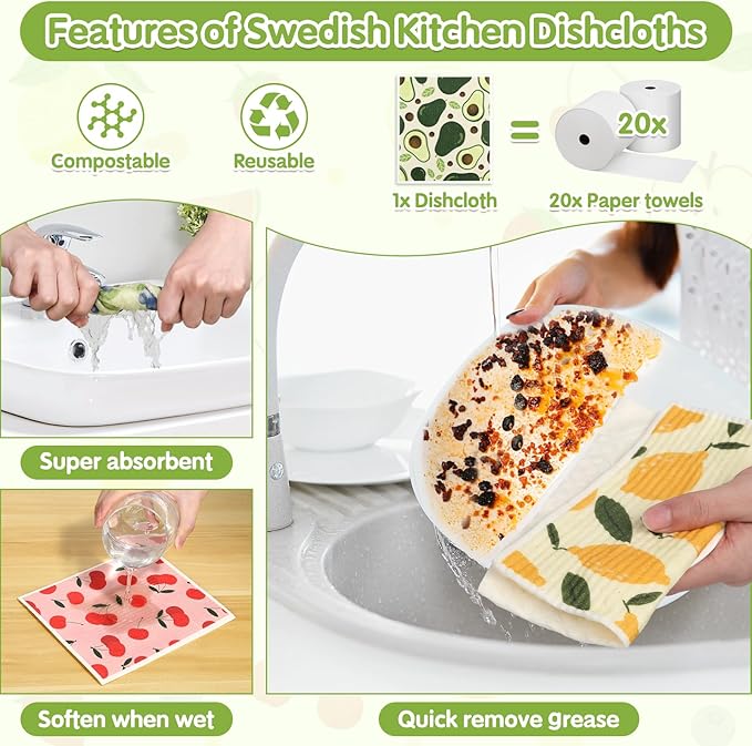 10 Pack Swedish Dishcloths for Kitchen- Reusable Paper Towels Washable Swedish Cloths Fruit Prints Dish Wipes with Adhesive Clips- Super Absorbent Fast Drying Kitchen Sponge for Cleaning Dishes