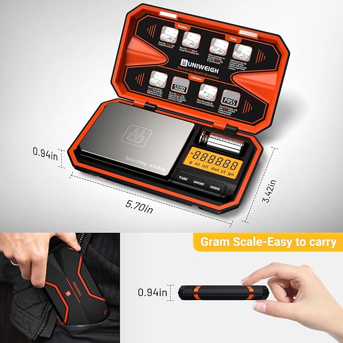 Digital Pocket Scale 200g/0.01g, Digital Scale Grams,6 Units Conversion Jewelry Scales,Coins Scale with LCD Display,Tare Function for Food,Powder,Small Items(Battery Included)-Orange