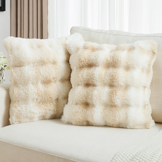 FUTEI Beige White Decorative Throw Pillow Covers 18x18 Inch Set of 2,Soft Fuzzy Faux Rabbit Fur Cushion Covers with Raised Texture,Neutral Boho Home Decor for Couch Bed Living Room