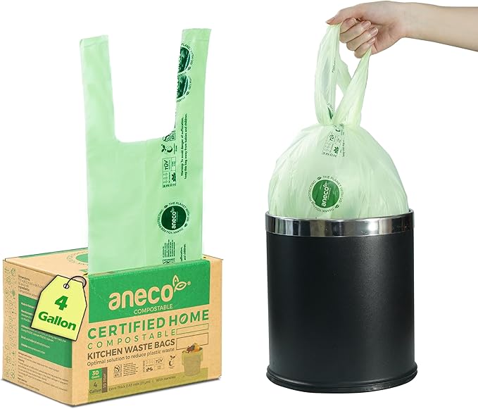 ANECO 4 Gallon Compostable Food Waste Bags with Handles, Extra Thick Compost Bags for Medium Kitchen Garbage/Bathroom Bin, OK Compost HOME & BPI Certified Compostable Bags
