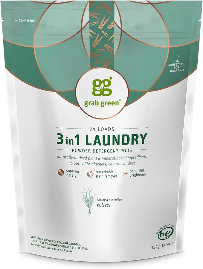Grab Green 3-in-1 Laundry Detergent Pods, 24 Count, Vetiver Scent, Plant and Mineral Based, Superior Cleaning Power, Stain Remover, Brightens Clothes