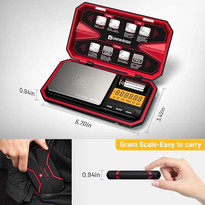 Travel Digital Pocket Scale 200g/0.01g, Digital Gram Scales, Mini Food Scale with 50g Calibration Weight for Food, Powder,Small Items, Tea, Jewelry, Coins (Battery Included)-Red