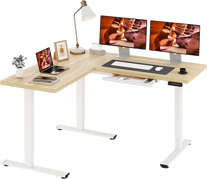 L-Shaped Standing Desk, 63 x 55 Inches Height Adjustable Desk with Storage, Sit and Stand up for Work Office Home, Ergonomic Rising Computer Table for Home Office with Splice Board, Maple