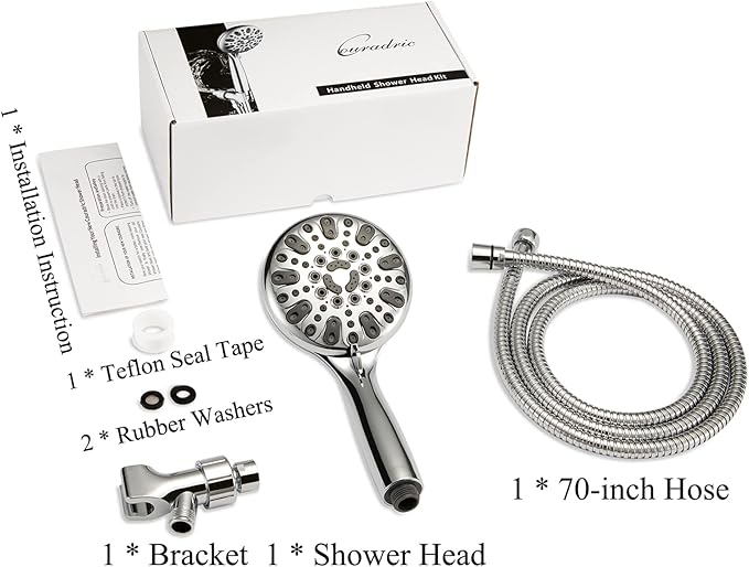 Handheld Shower Head, 6 Spray Setting High Pressure Shower Head with Brass Swivel Ball Bracket and Extra Long Stainless Steel Hose, Chrome, 5"