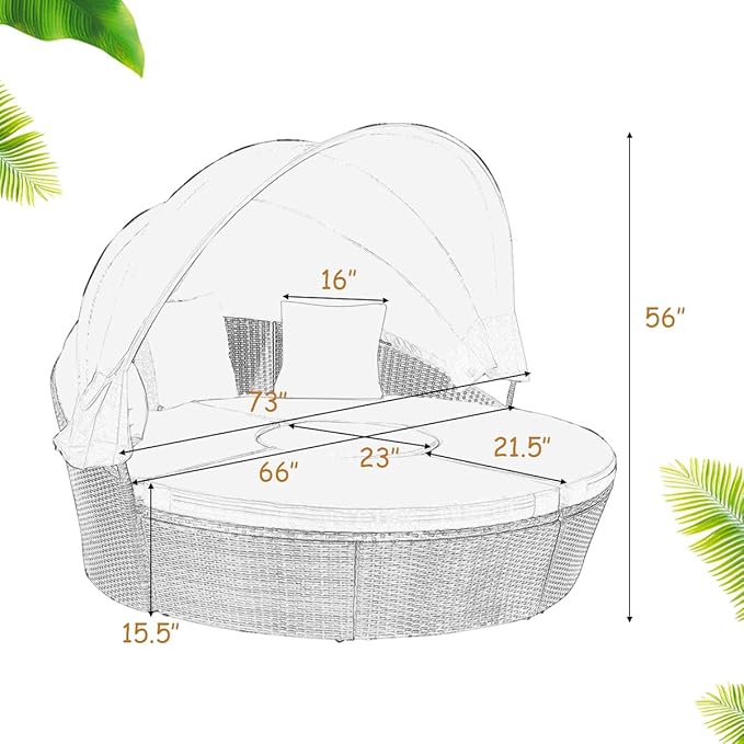 COSTWAY Patio Round Daybed with Retractable Canopy, Wicker Furniture Sectional Couch with Separate Cushioned Seats, Adjustable Table Top, Patio Rattan Daybed Sofa for Backyard, Poolside, Black