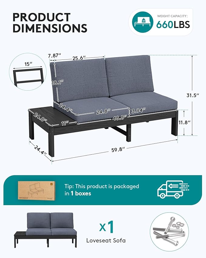 SERWALL HDPE Outdoor Furniture Set, Loveseat and Coffee Table, All Weather Patio Sofas, Seats 2, Outdoor Sectional Sofa for Backyard, Balcony, Black Frame with Grey Cushion