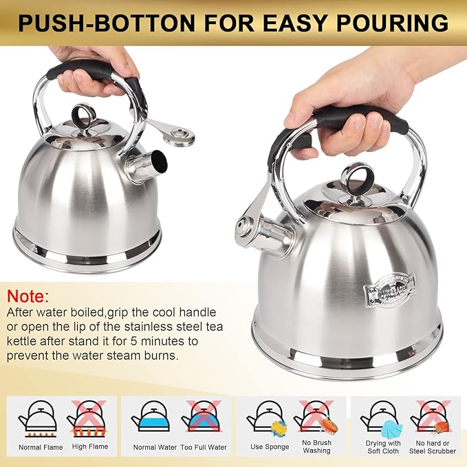 Tea Kettle for Stovetop, Food Grade Stainless Steel Water Kettle, Tea Pot for Home & Kitchen, 3.0 Qt