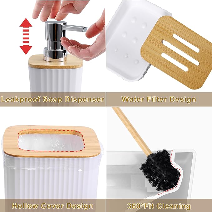 24Pcs White and Gold Bathroom Set with Shower Curtain and Rug, White Bathroom Sets Complete with Trash Can,Soap Dispenser,Soap Dish,Toilet Brush,Toothbrush Holder and Cup,Tray,Q-Tip Holders
