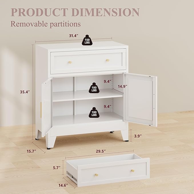 Metal Buffet Cabinet,White Coffee Bar Cabinet,Small Buffet Sideboard Cabinet,Coffee Cabinets with Storage,Short Kitchen Pantry Cabinets for Dining Room,Living Room