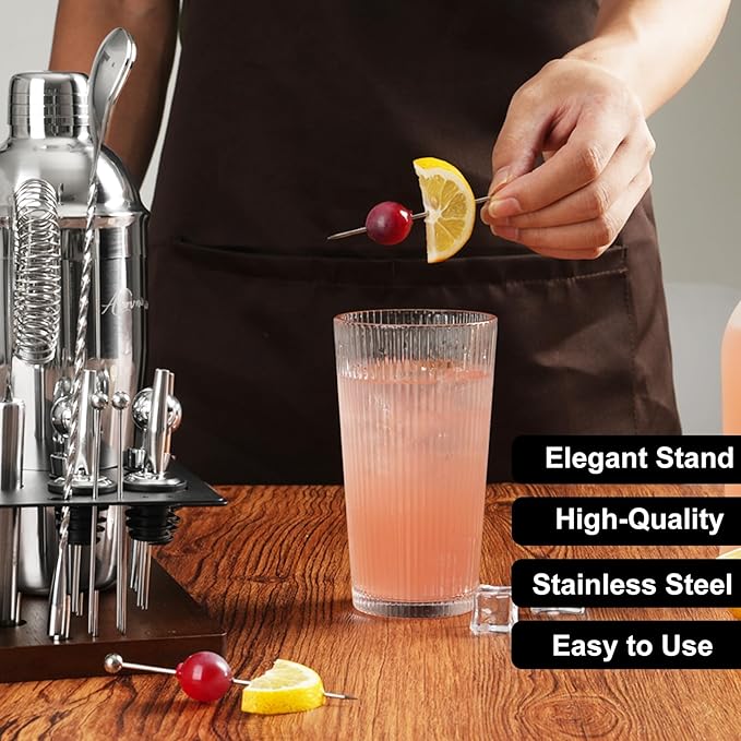 23-Piece Bartender Kit, Cocktail Shaker Set with Stand | Bar Drink Mixer Set with All Essential Bar Tools: Martini Shaker, Jigger, Strainer, Spoon, Muddler, Pourers, for Home, Bar, Party
