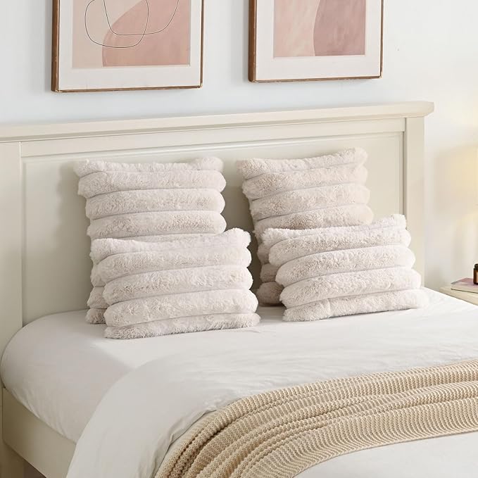 FUTEI Beige Decorative Throw Pillow Covers 12x20 Inch Set of 2, Square Soft Faux Rabbit Fur Thick Striped Lumbar Pillow Case,Winter Home Decor for Couch Bed Living Room