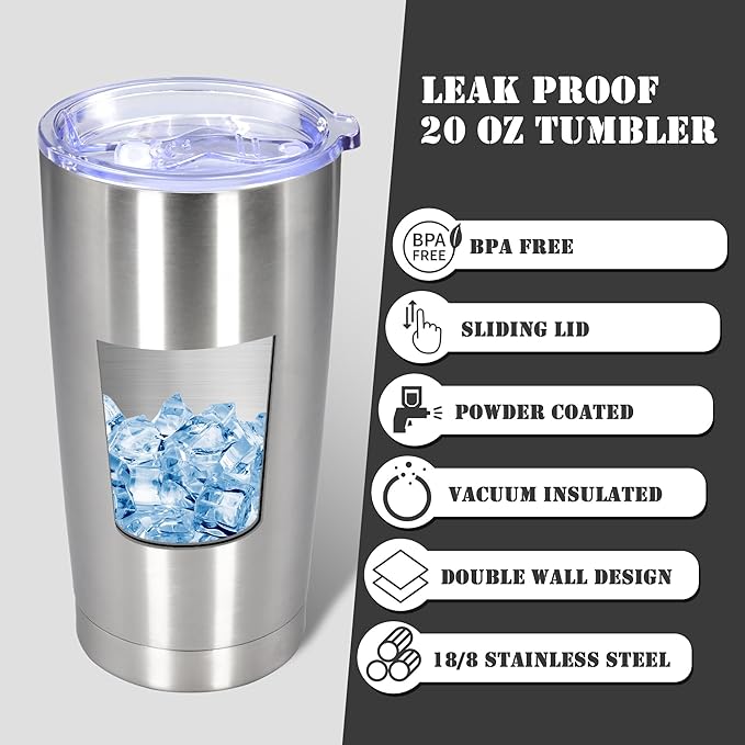 20 oz Tumbler with lid Double Wall Vacuum Insulated Tumblers Stainless Steel Coffee Mug Travel Coffee Tumbler Powder Coated Tumbler Cup Keep Hot&Cold - (Stainless 12 Pack)