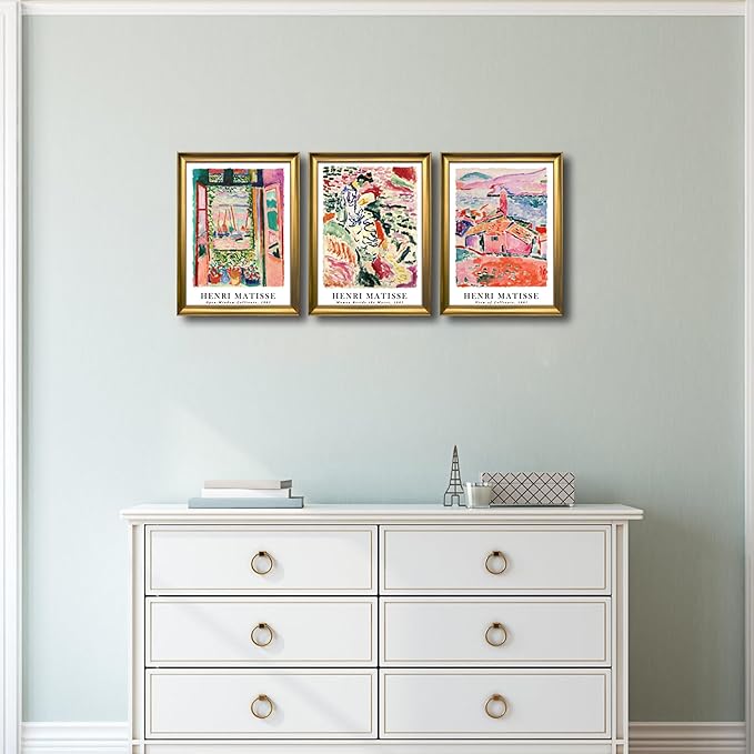Wieco Art Framed Canvas Wall Art 3 Piece Henri Mattise Art Abstract Colorful Matisse Posters Canvas Prints for Wall and Home Office Decorations Bronze Gold Frame