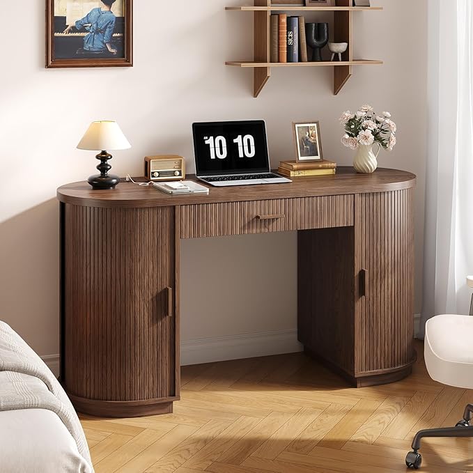 ONBRILL 58" Fluted Executive Desk with Storage, Home Office Desk with Drawers, Wood Computer Writing Desks with Charging Station for Study Living Room Bedroom Work Walnut