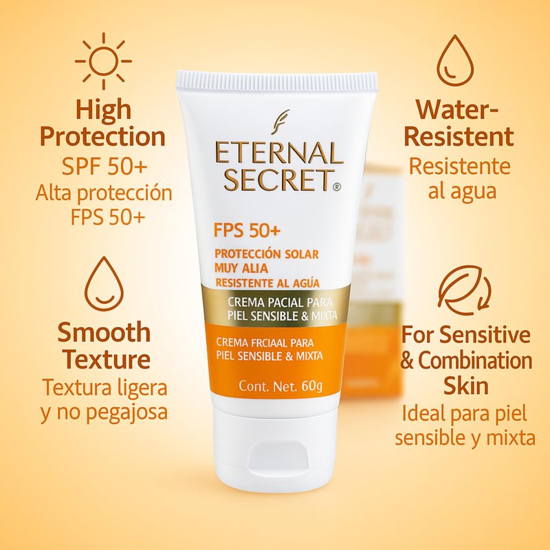 Eternal Secret High Protection Sunscreen for Face - SPF 50+ Water-resistant, Non-Sticky Texture, 2.12 oz - Bloqueador Facial/Corporal Eternal Secret FPS 50+ 2.12 oz
