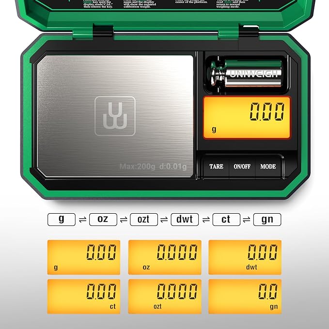 Digital Pocket Scale Precision 200g/0.01g, Digital Scale Grams Ounces, Mini Jewelry Scale, Coins Scale with 50g Cal Weights for Gold/Silver/Gems/Food,(Battery Included)-Green