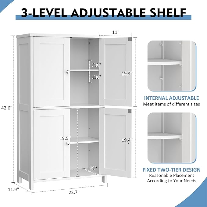 Shintenchi Bathroom Storage Cabinet with Doors and Shelves, Floor Cabinets for Washroom Furniture, Laundry Room, Organization with Adjustable Shelf, White