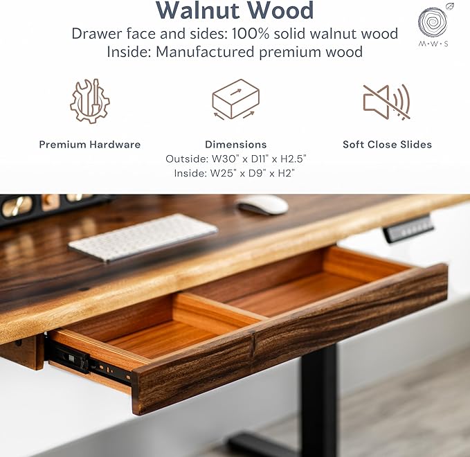 Solid Walnut Wood Computer Desk with Drawer– Live Edge Wooden Home Office Desks with Sturdy Metal Legs – Handmade Real Wood Table for Work, Study, or Gaming - 60” x 27”